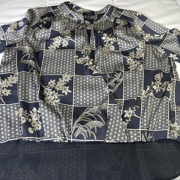 Current Air Floral Textured V-neck Lined Long Sleeve Blouse Blue Gray Cream Sz L - Picture 2 of 10